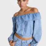 Chambray off shoulder denim blouse Alix the label