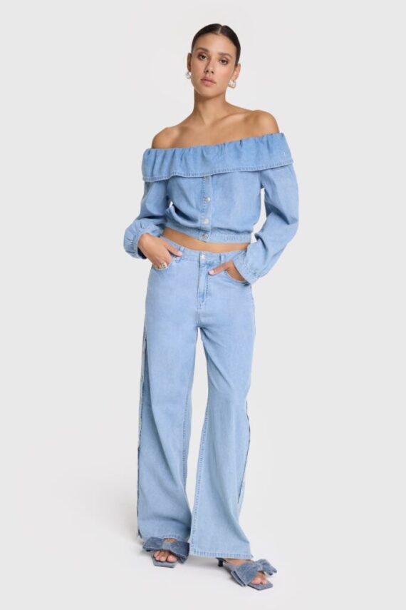 Chambray off shoulder denim blouse Alix the label
